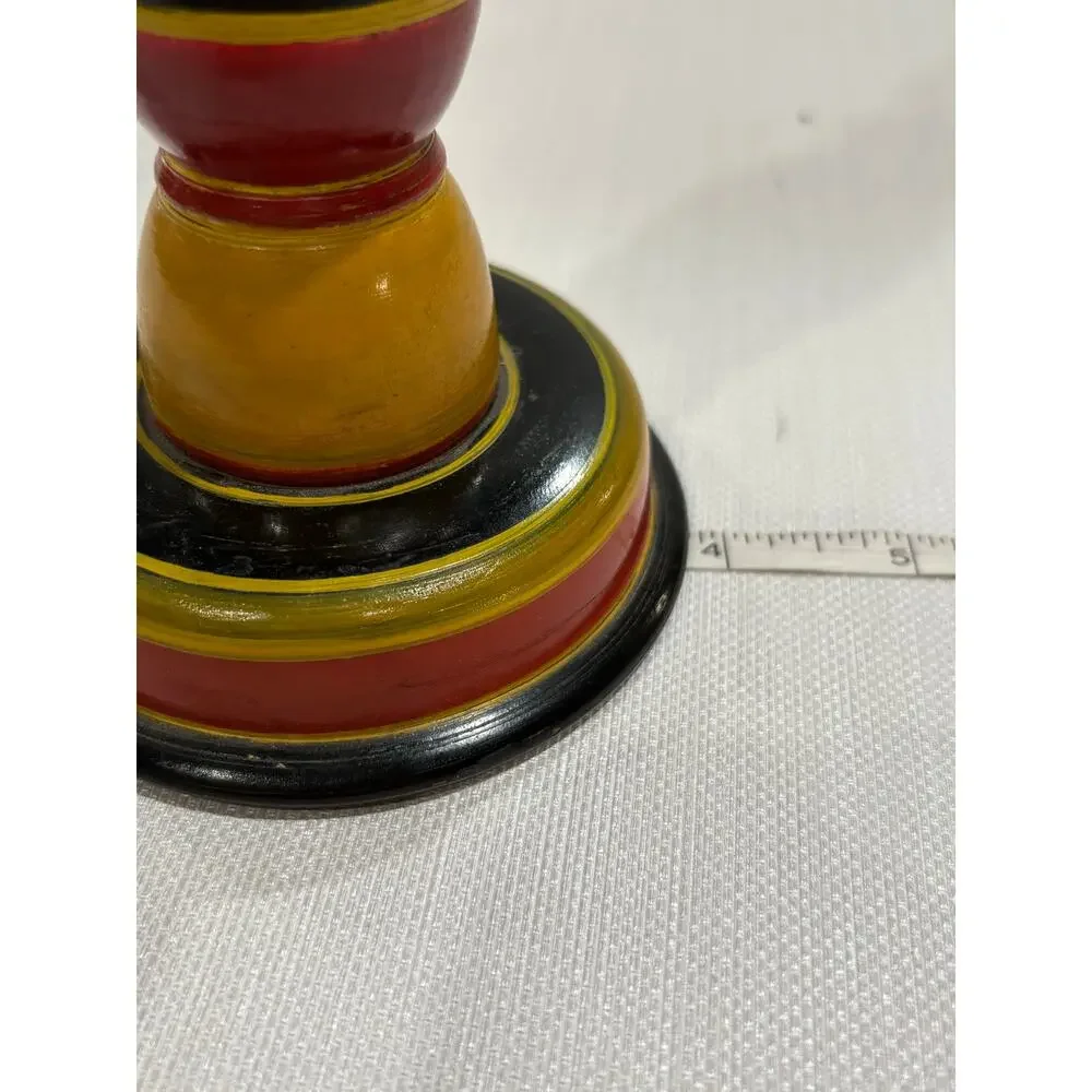 Wooden Folk Art striped candlestick red yellow black orange vintage hand painted